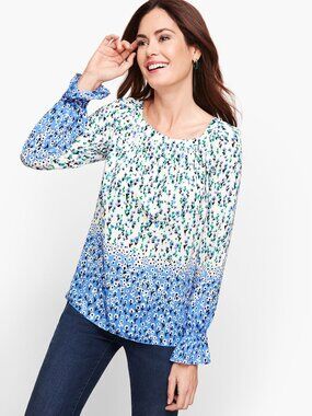 Talbots Blue, Green and White Floral Square Neck Long Sleeve Top in Size XL
